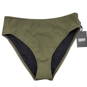 DKNY Women Olive Green Textured Ribbed High Waist Bikini Bottom Size Large NEW